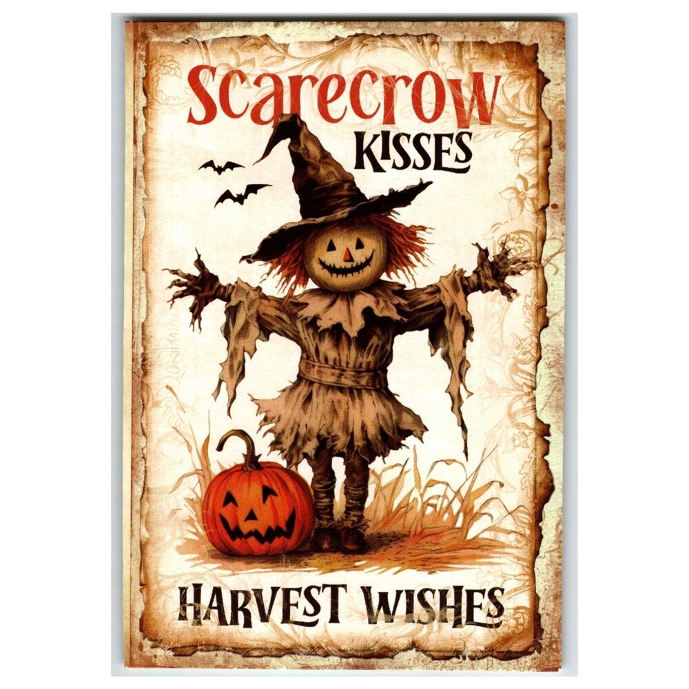 Scarecrow Kisses Harvest Wishes Pumpkin Bats Autumn Halloween Postcard